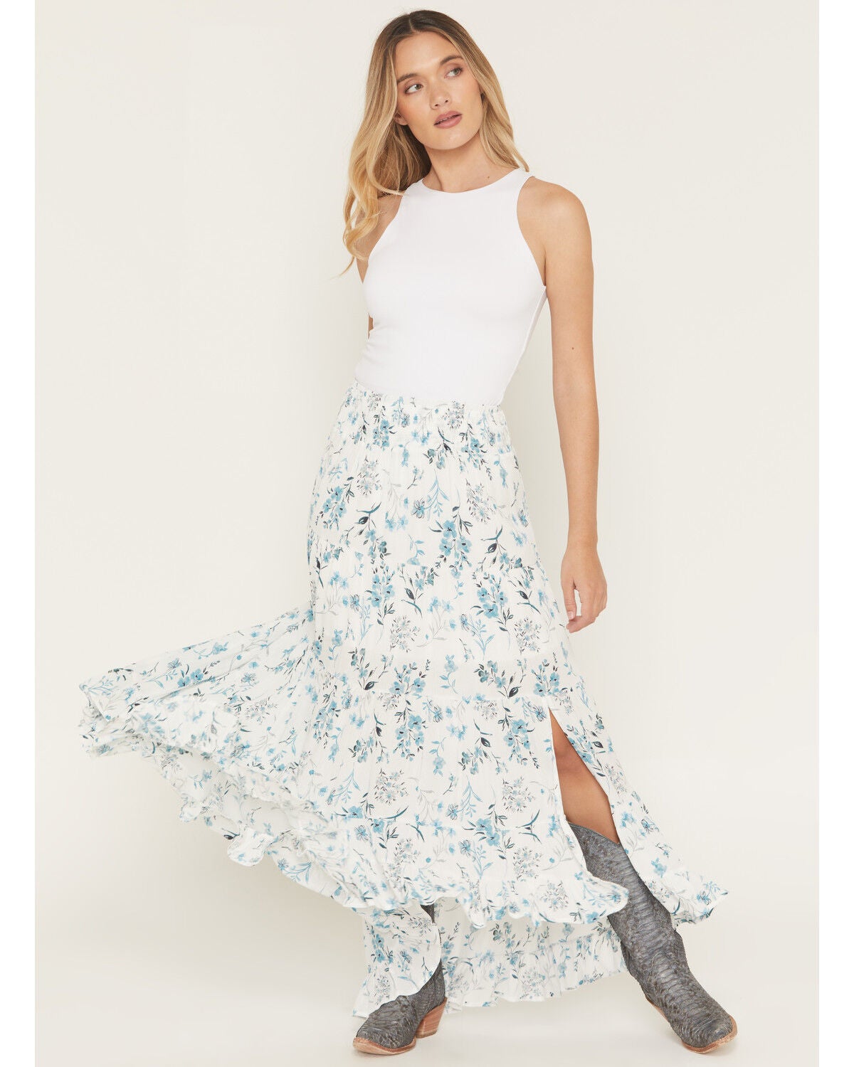 Image #1 - Wild Moss Women's Floral Print High-Low Skirt, Ivory, hi-res