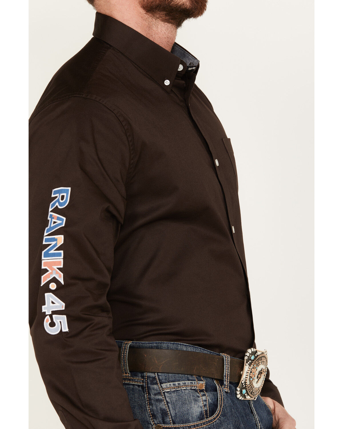 Image #3 - Rank 45® Men's Solid Basic Twill Logo Long Sleeve Button-Down Western Shirt, Coffee, hi-res