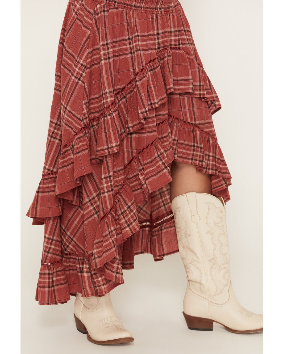 Image #2 - Cleo + Wolf Women's Plaid Print High Low Ruffle Midi Skirt, Rose, hi-res
