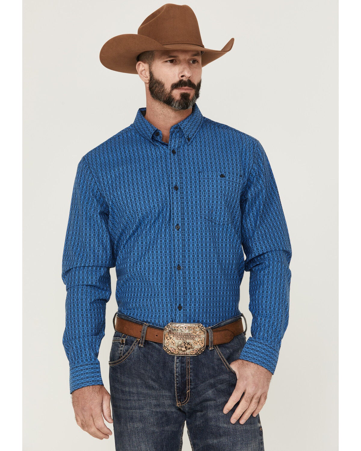RANK 45&reg; Men's Bulldogger Dobby Geo Button-Down Western Shirt, Blue, hi-res