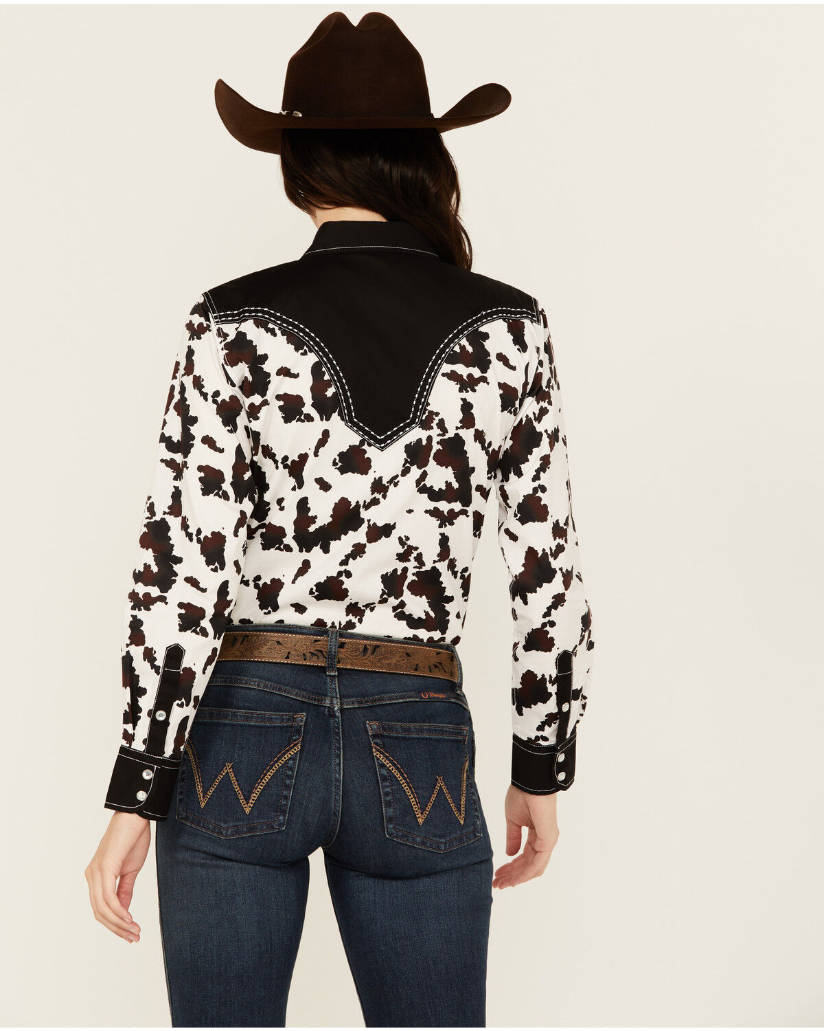 Image #4 - Cowgirl Hardware Women's Cow Print Long Sleeve Snap Western Shirt, Black/white, hi-res