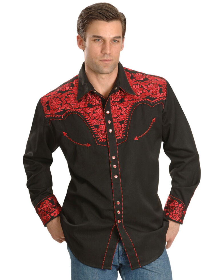 Scully Men's Crimson Floral Embroidery Retro Long Sleeve Western Shirt, Dark Red, hi-res