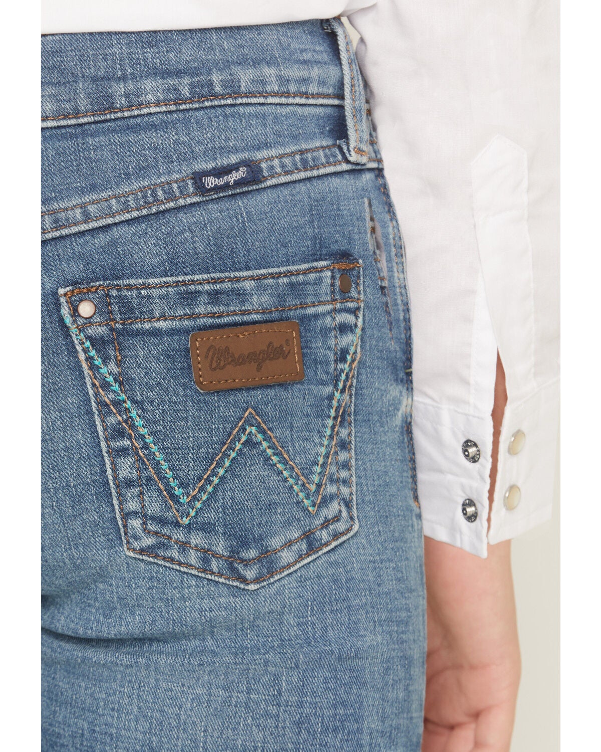 Image #4 - Wrangler Girls' Embroidered Trouser Stretch Denim Jeans, Blue, hi-res