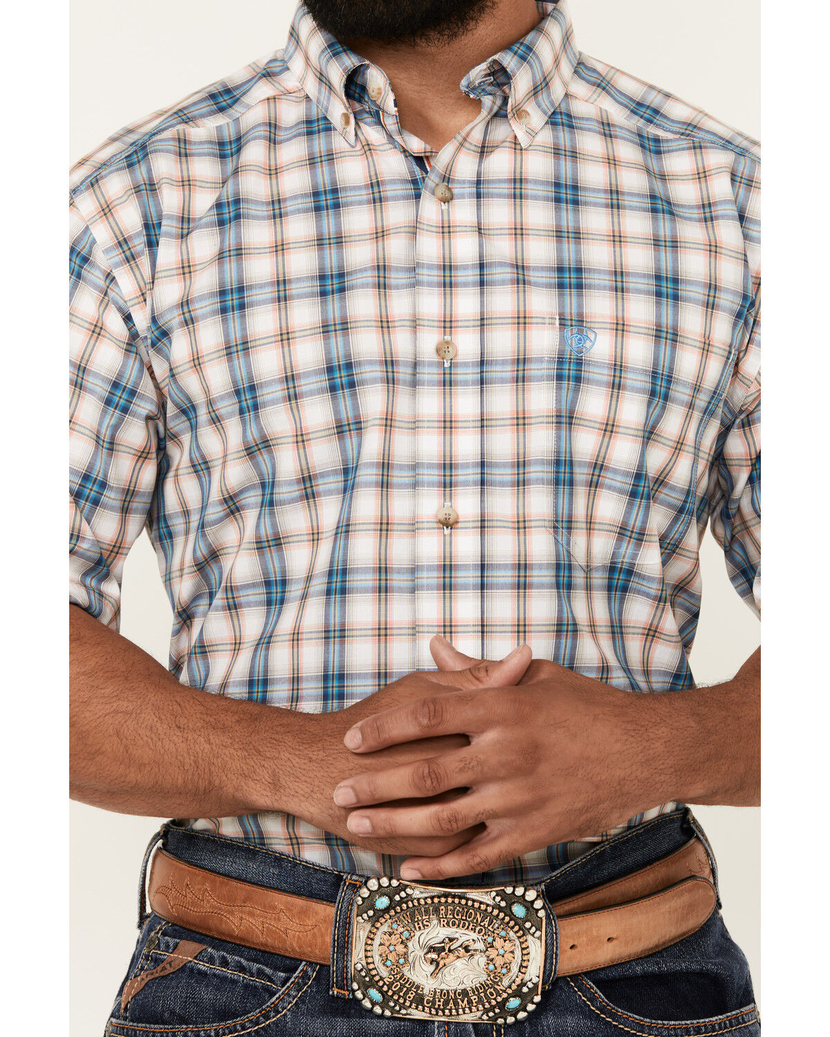 Image #3 - Ariat Men's Rowdy Plaid Print Short Sleeve Button-Down Performance Western Shirt, Blue, hi-res