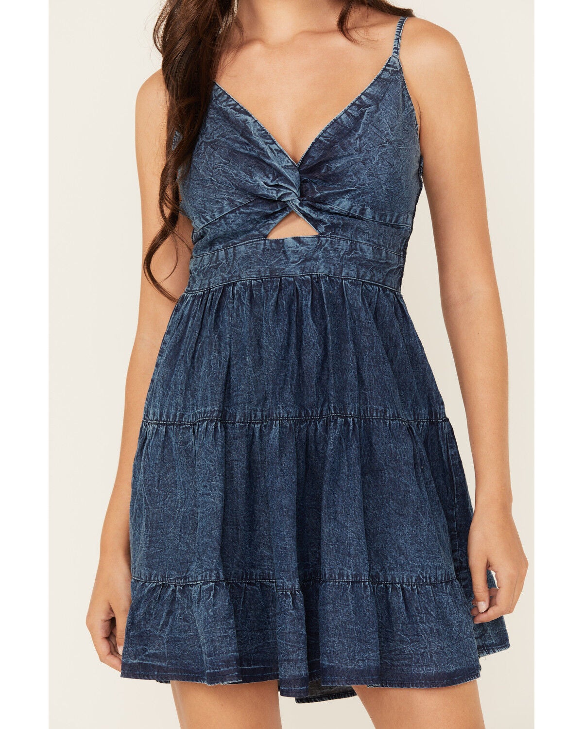 Image #3 - Angie Women's Denim Knot Front Tiered Mini Dress, Blue, hi-res