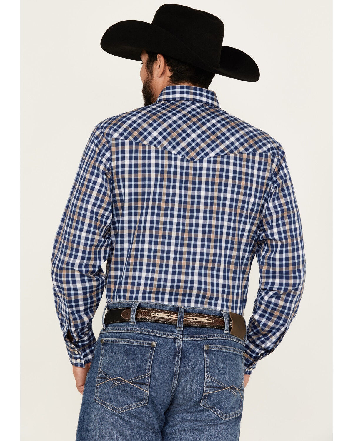Image #4 - Ely Walker Men's Plaid Print Long Sleeve Pearl Snap Western Shirt, Navy, hi-res