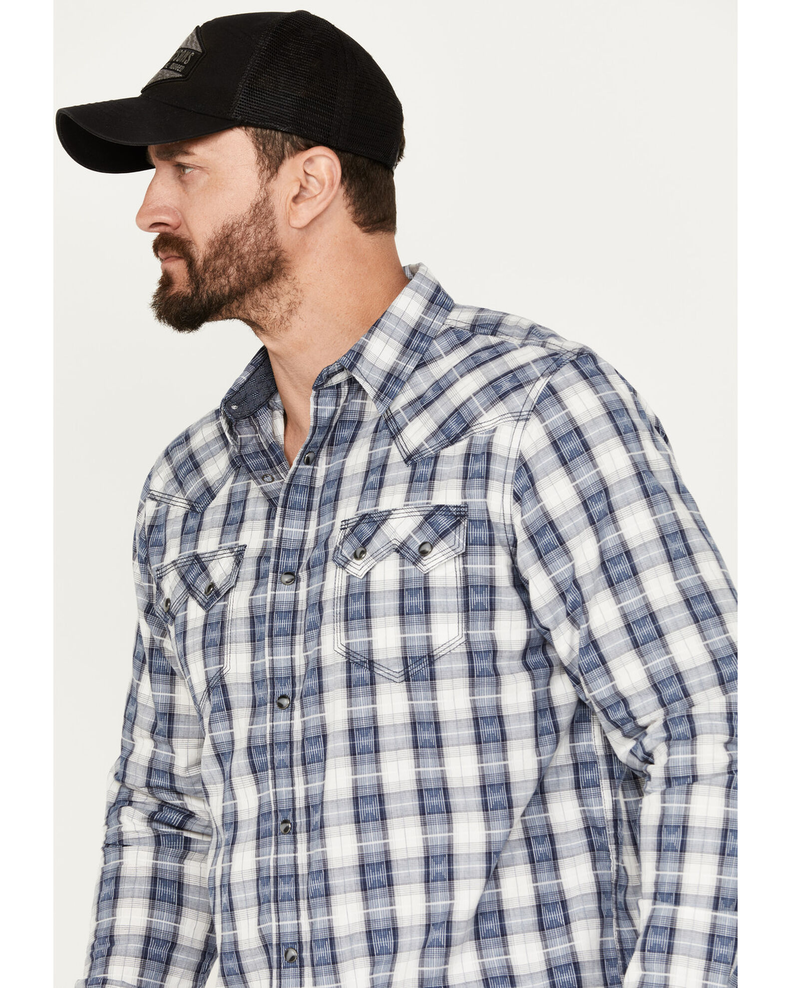 Image #2 - Moonshine Spirit Men's Rattler Plaid Print Long Sleeve Western Snap Shirt, Navy, hi-res