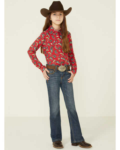 Image #2 - Roper Girls' Boot Scoot Print Long Sleeve Pearl Snap Western Shirt , Red, hi-res