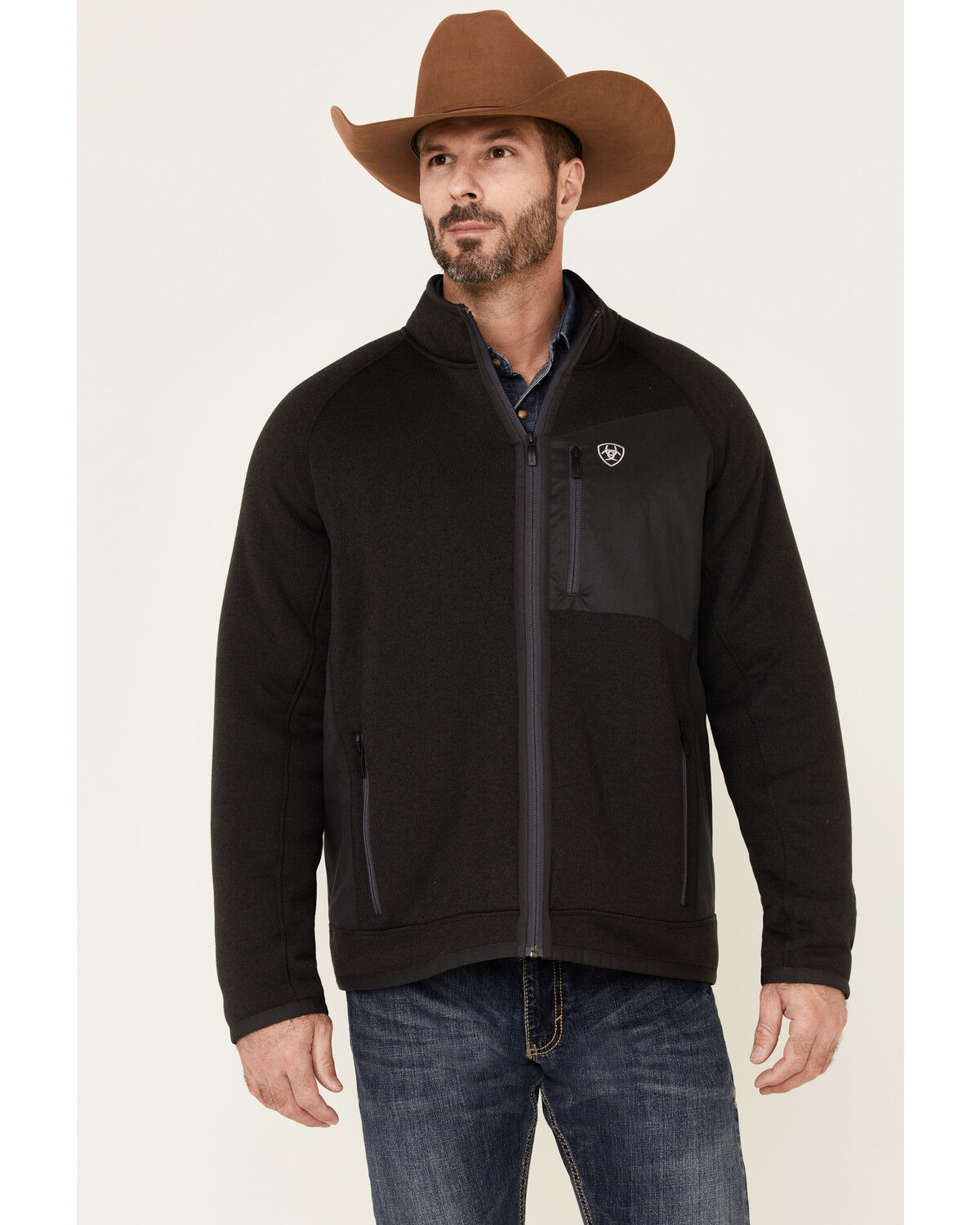 Image #1 - Ariat Men's Bluff Jersey Softshell Zip-Front Jacket, Black, hi-res