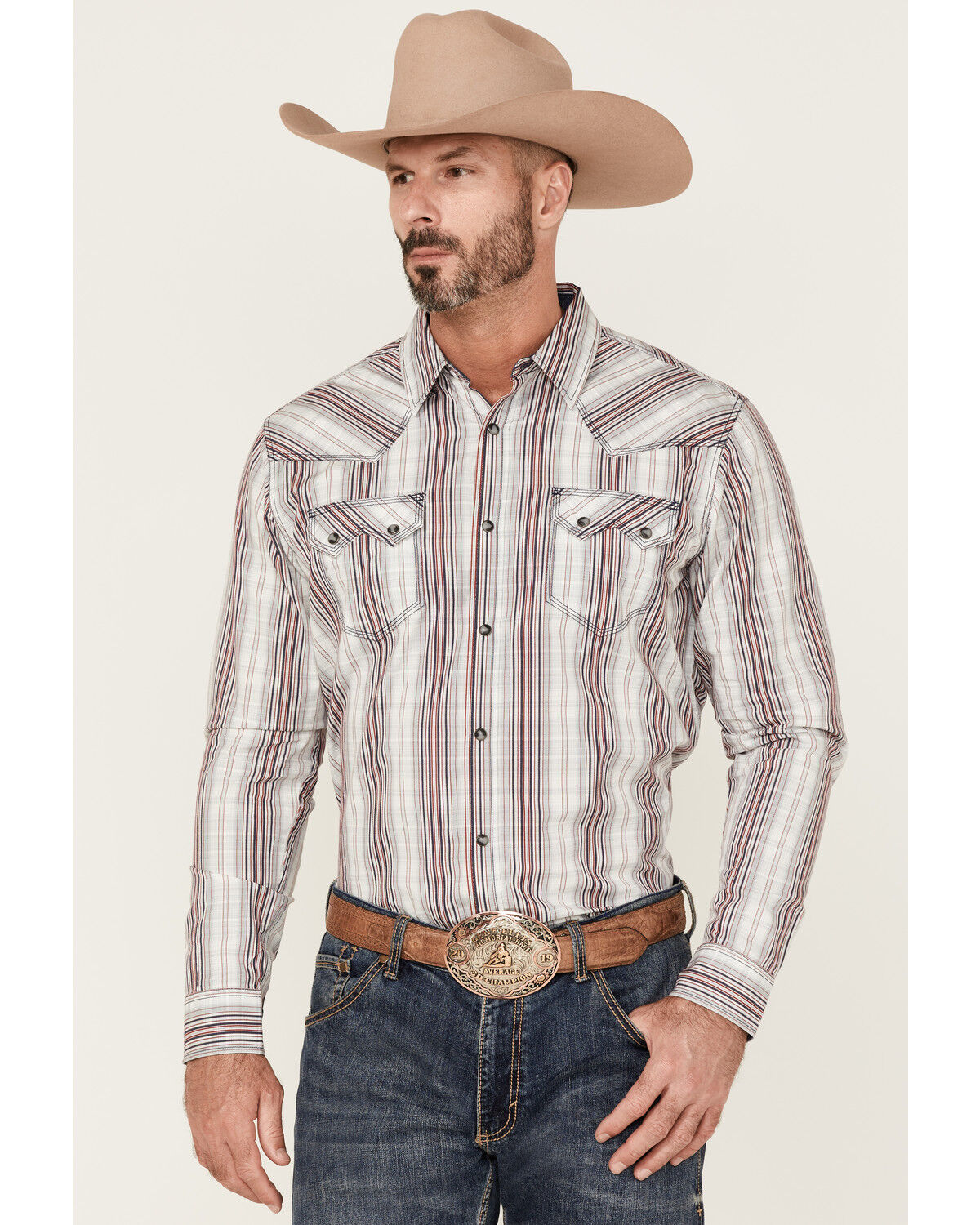 Image #1 - Moonshine Spirit Men's Stripe Plaid Long Sleeve Snap Western Shirt, White, hi-res