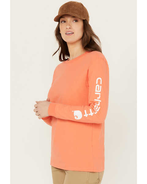 Image #1 - Carhartt Women's Loose Fit Heavyweight Long Sleeve Logo Graphic Work Tee, Coral, hi-res