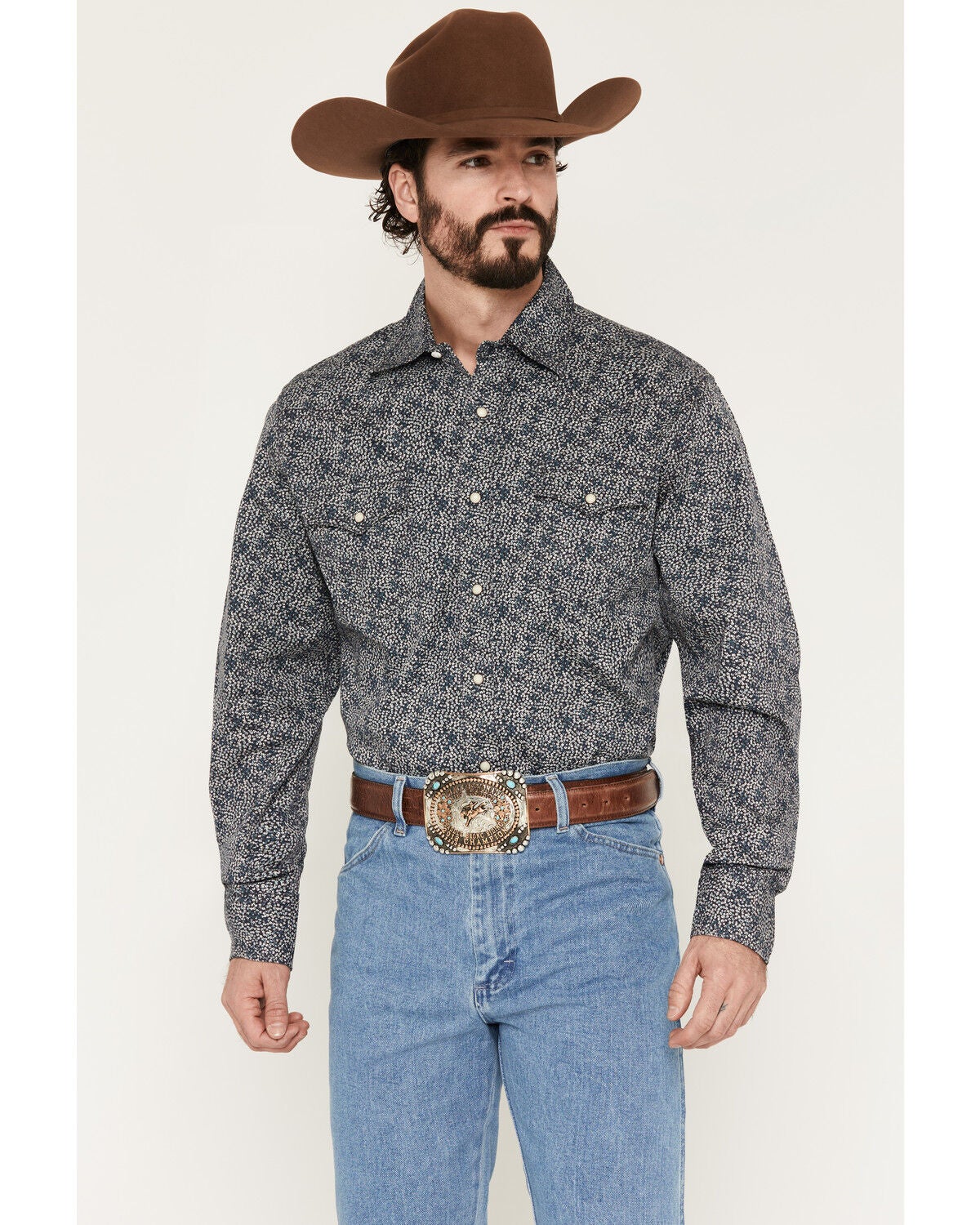Image #1 - Wrangler Retro Men's Floral Print Long Sleeve Snap Western Shirt, Navy, hi-res
