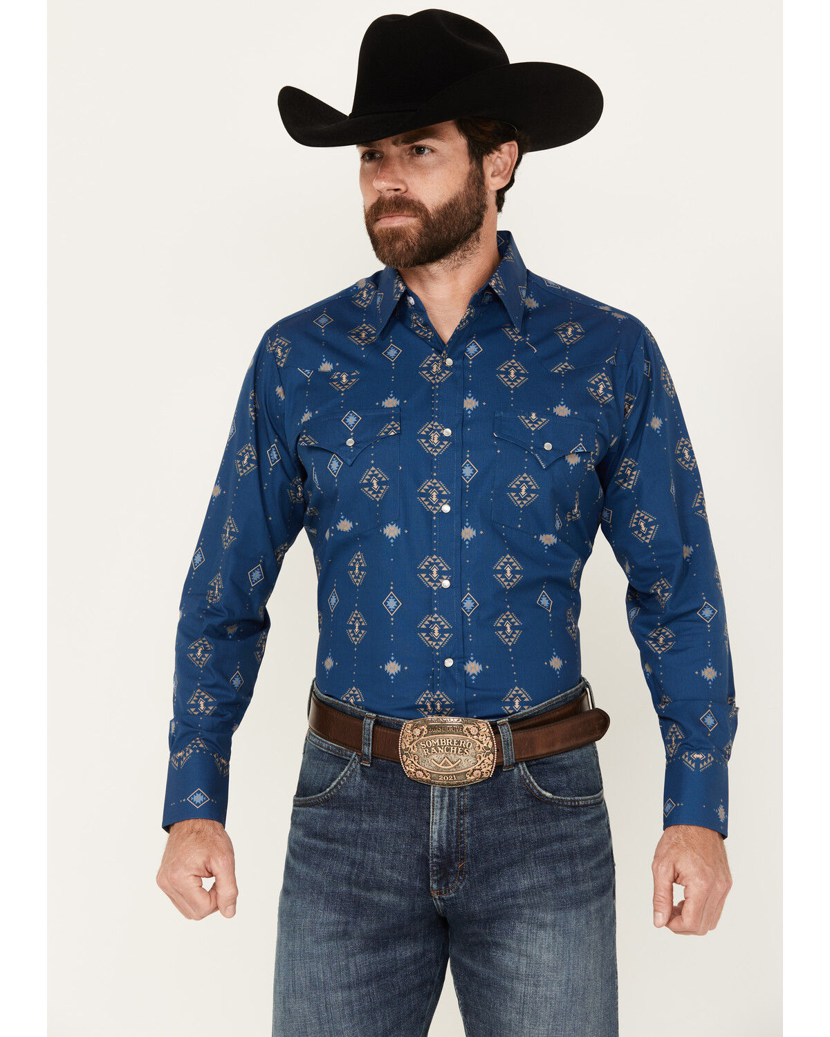 Image #1 - Ely Walker Men's Southwestern Print Long Sleeve Pearl Snap Western Shirt, Navy, hi-res