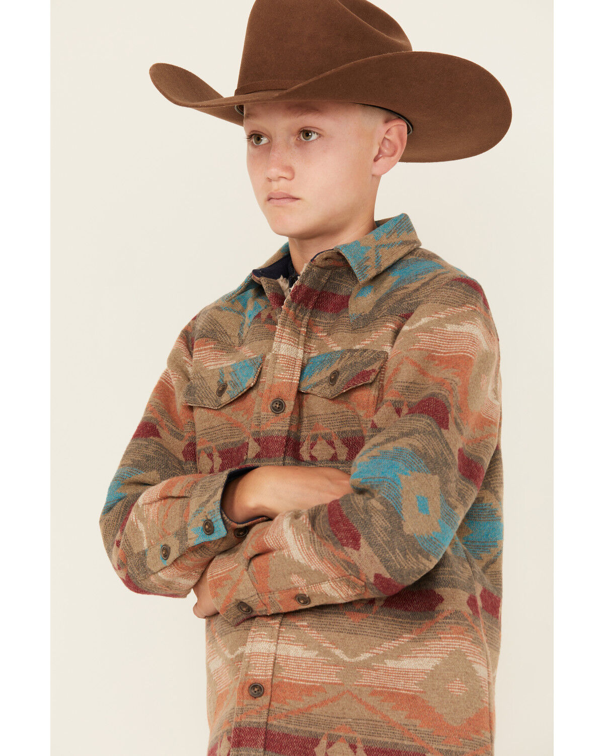 Image #2 - Cody James Boys' Base Camp Southwestern Print Sherpa Lined Shacket, Tan, hi-res