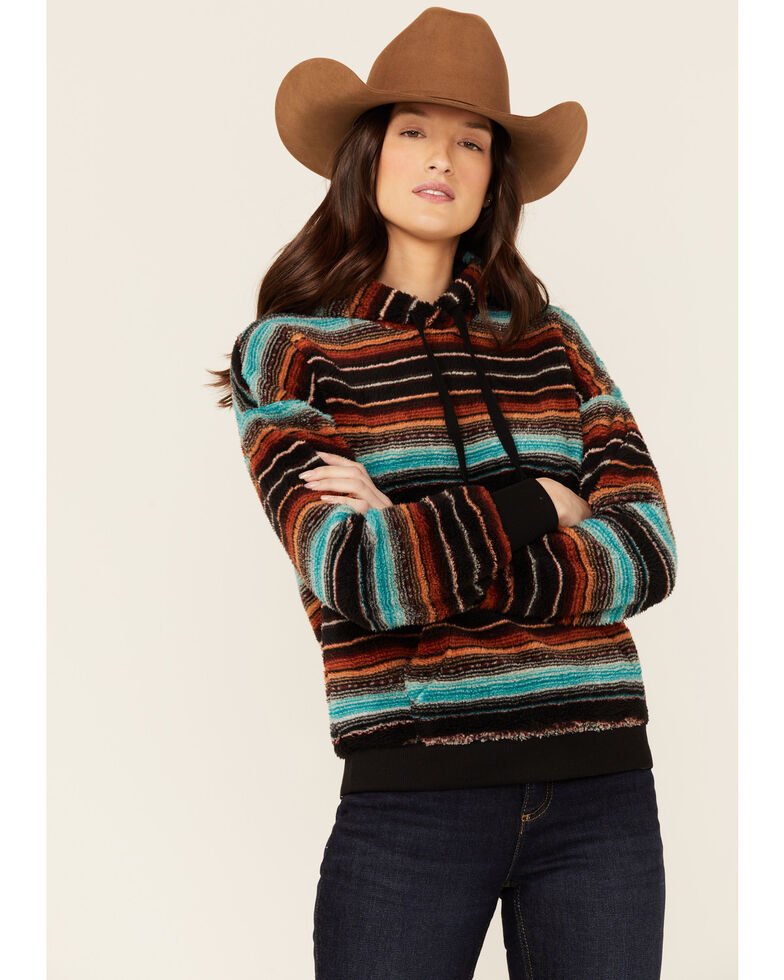 Shyanne Women's Black & Multicolored Shy Life Serape Fleece Hoodie Pullover Sweatshirt, Black, hi-res