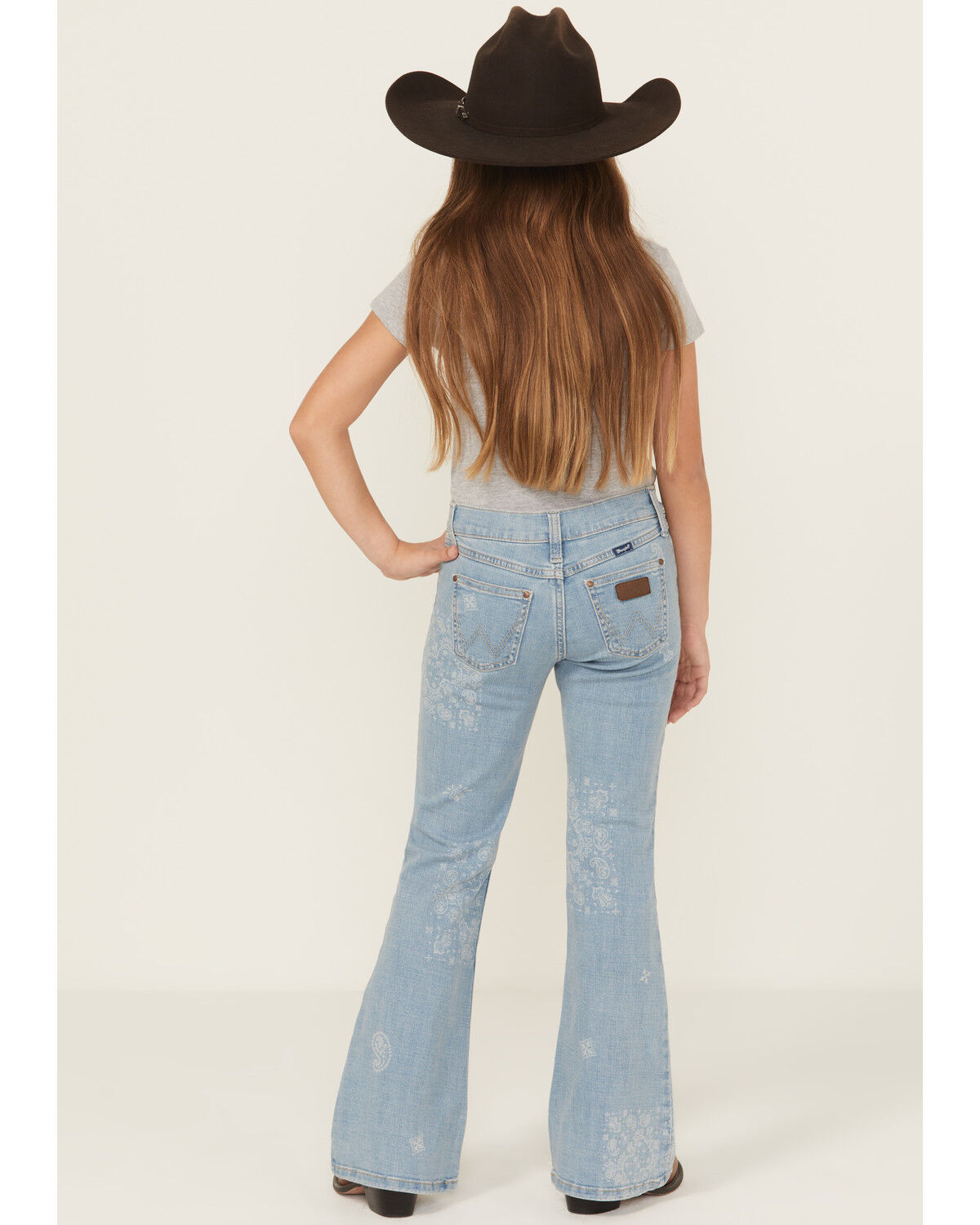 Image #4 - Wrangler Girls' Light Wash Paisley Print Bootcut Stretch Denim Jeans, Light Wash, hi-res