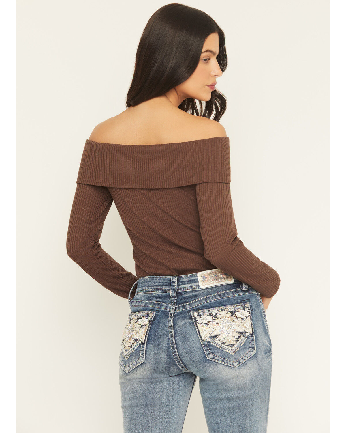Image #4 - Shyanne Women's Rib Knit Off The Shoulder Long Sleeve Shirt, Brown, hi-res