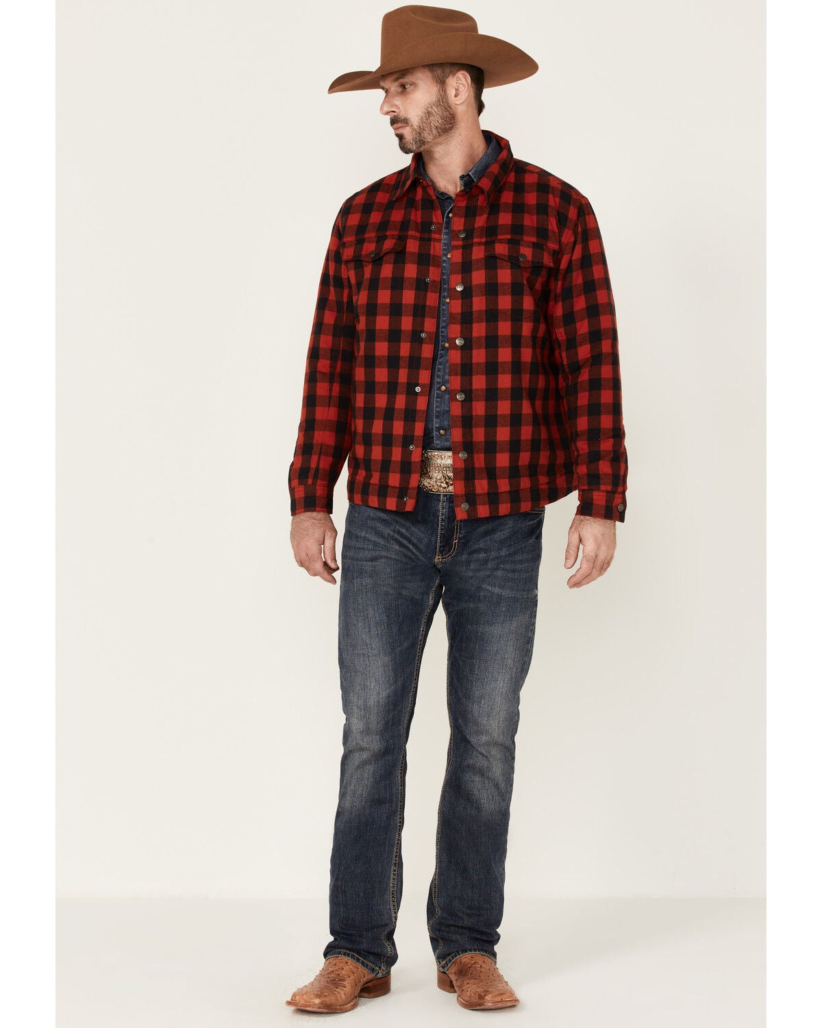 Justin Men's Red Buffalo Jackson Plaid Long Sleeve Snap Shirt Jacket