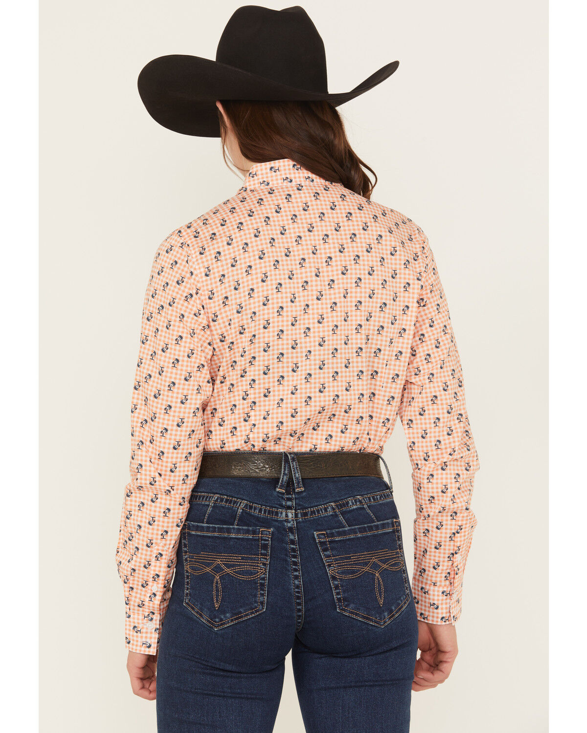 Image #4 - Cinch Women's Plaid Print Palm Tree Long Sleeve Button-Down Stretch Western Shirt, Orange, hi-res