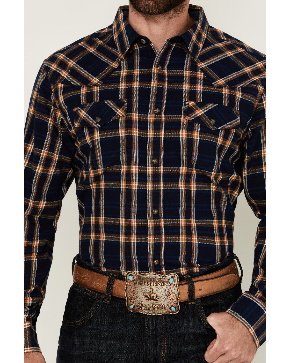 Image #3 - Cody James Men's Tombstone Plaid Print Long Sleeve Snap Western Shirt, Navy, hi-res