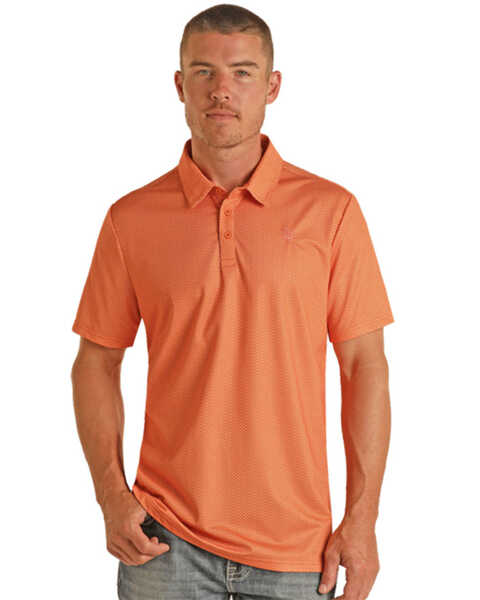 Image #1 - Rock & Roll Denim Men's Geo Print Short Sleeve Stretch Polo Shirt, Orange, hi-res