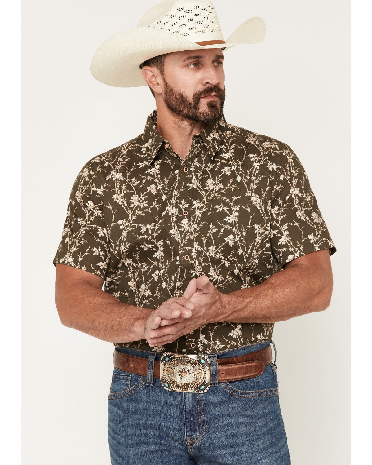 Image #1 - Gibson Trading Co Men's Desert Soul Floral Print Short Sleeve Button-Down Western Shirt, Brown, hi-res