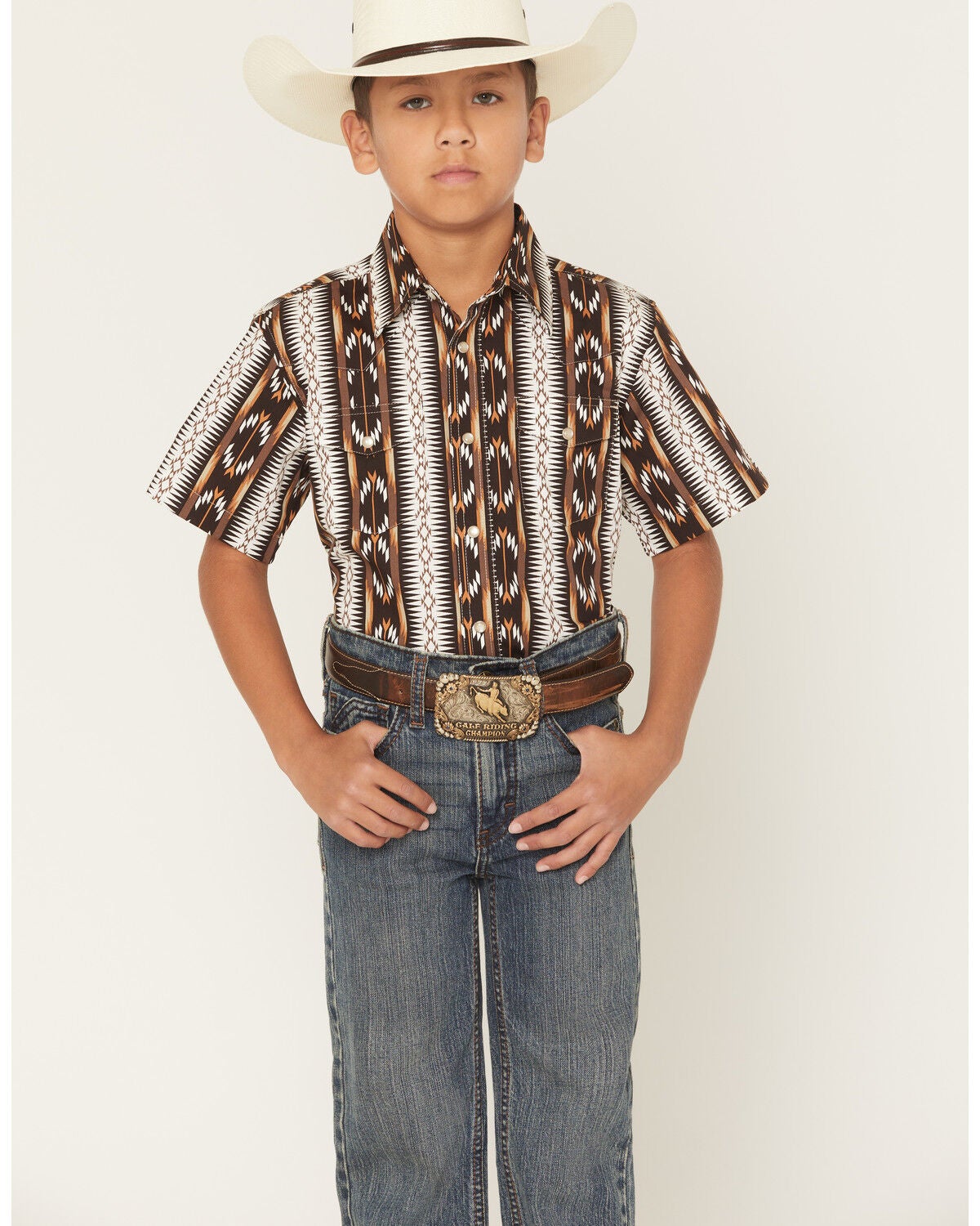 Wrangler Boys' Checotah Southwestern Striped Short Sleeve Pearl Snap Western Shirt, Brown, hi-res