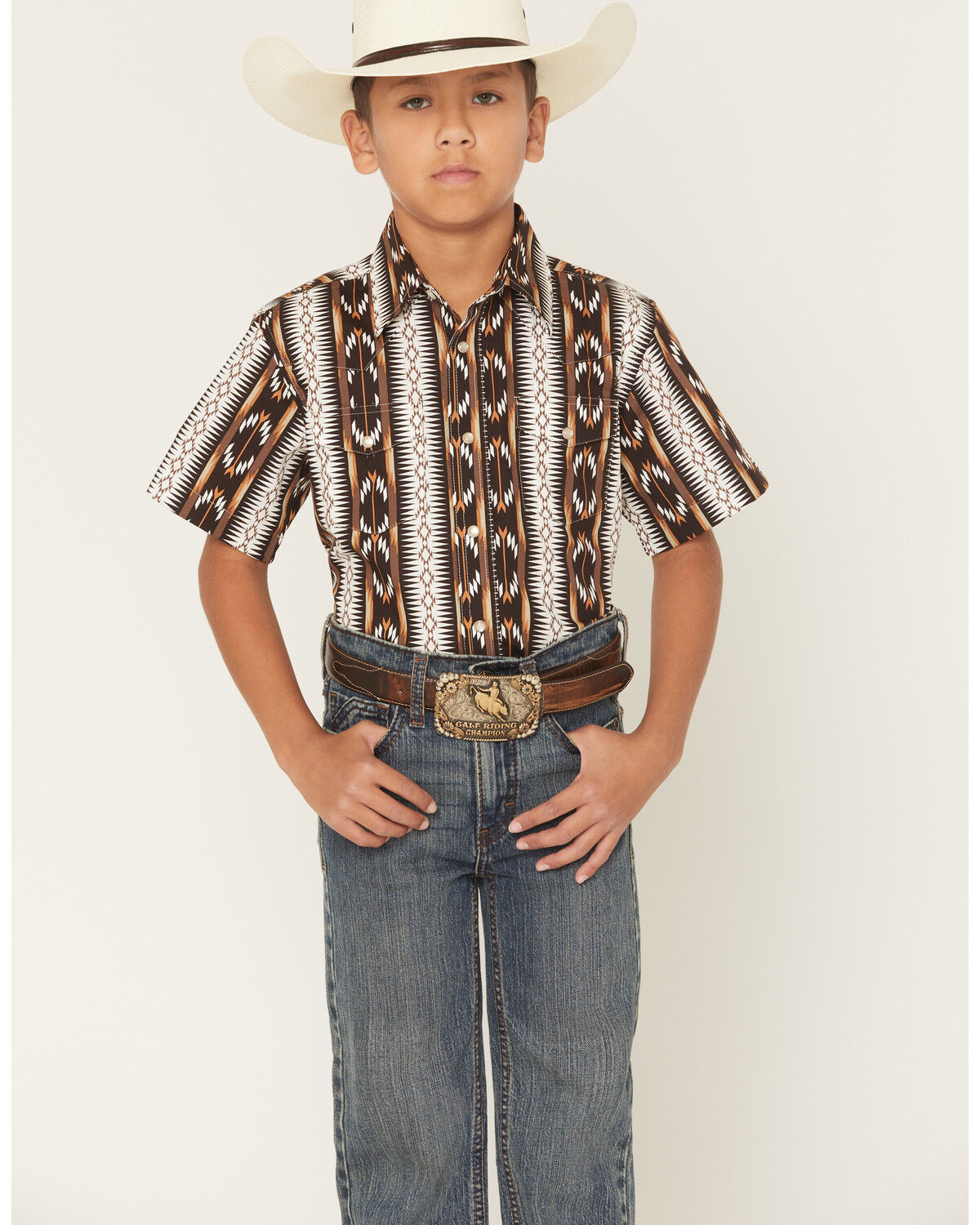 Image #1 - Wrangler Boys' Checotah Southwestern Striped Short Sleeve Pearl Snap Western Shirt, Brown, hi-res