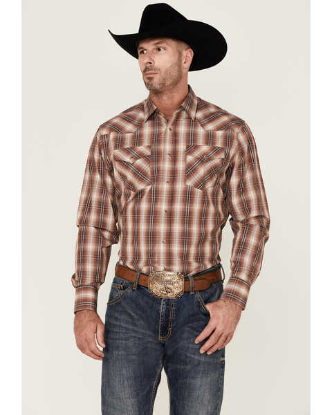 Rodeo Clothing Men's Plaid Print Long Sleeve Snap Western Shirt , Brown, hi-res