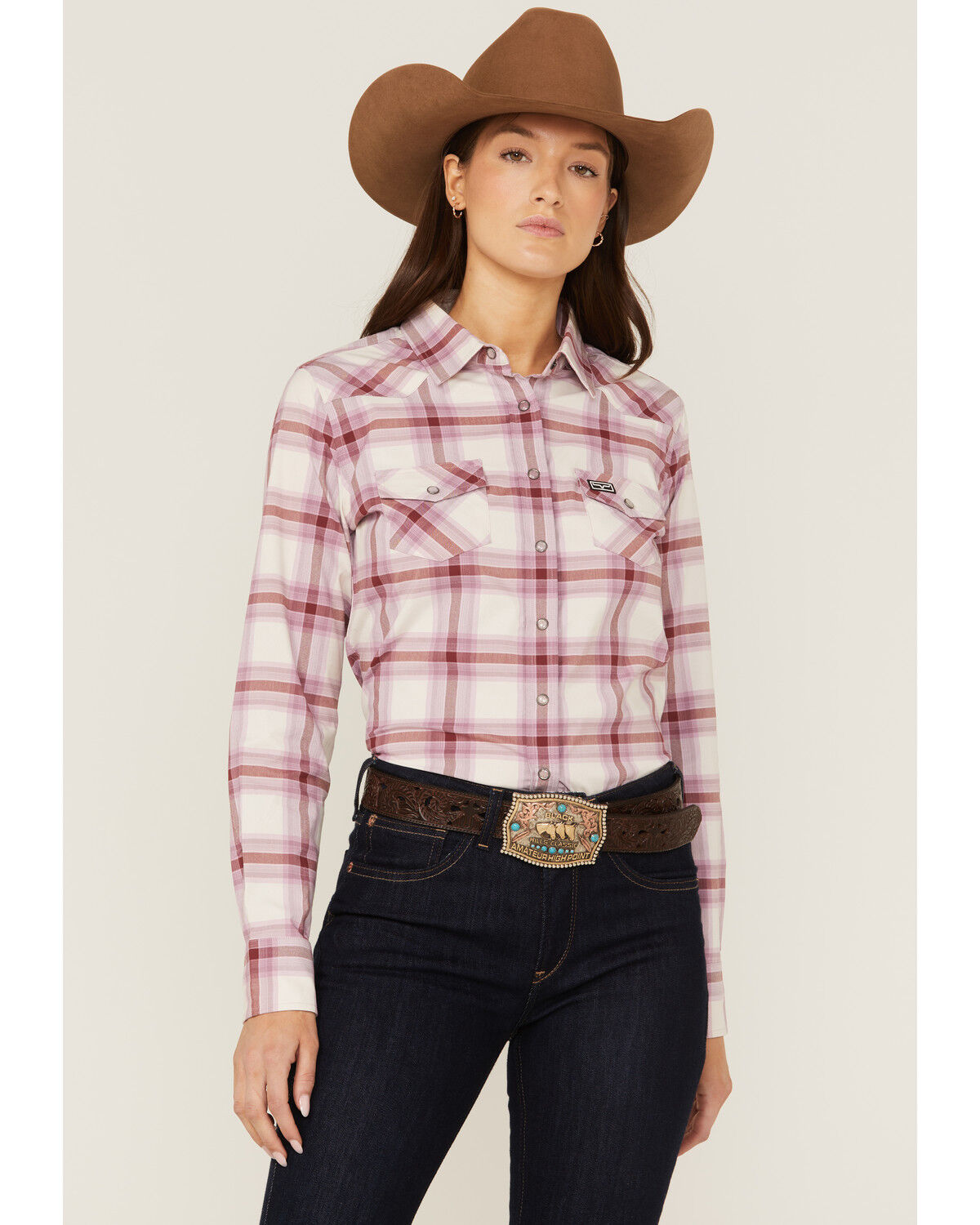 Image #1 - Kimes Ranch Women's Matadora Plaid Print Long Sleeve Western Snap Shirt, Periwinkle, hi-res
