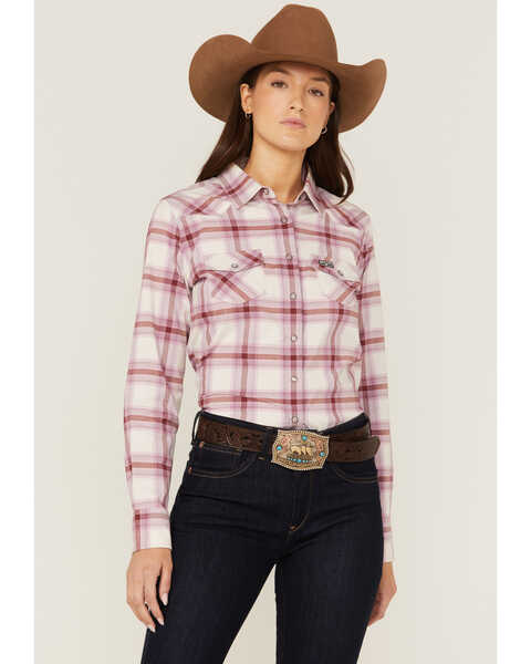 Kimes Ranch Women's Matadora Plaid Print Long Sleeve Western Snap Shirt, Periwinkle, hi-res