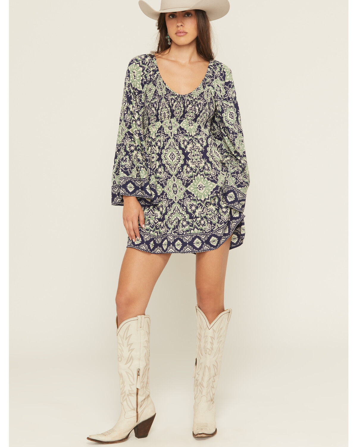 Image #1 - Angie Women's Geo Print Long Sleeve Smocked Front Mini Dress, Blue, hi-res