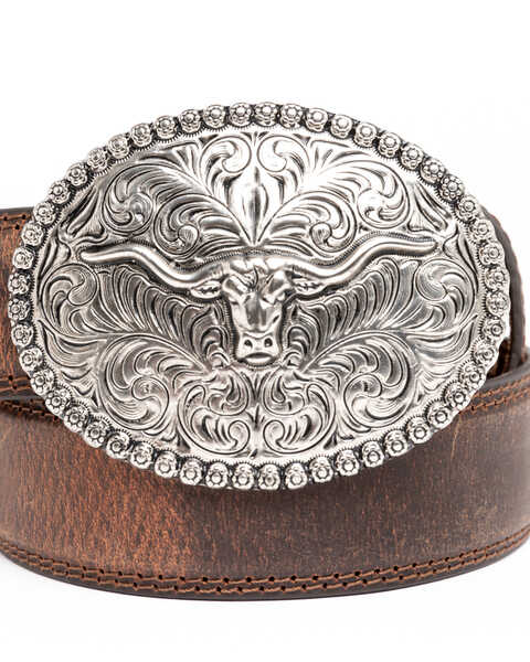 Image #3 - Cody James Boys' Longhorn Plaque Buckle Belt, Brown, hi-res