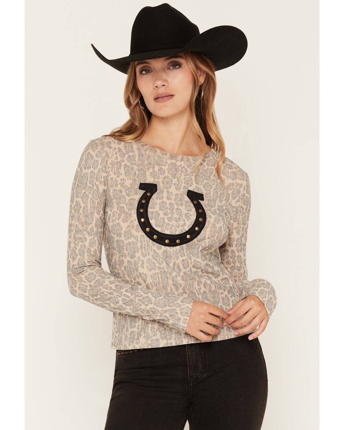 Nikxie Women's Leopard Print Horseshoe Long Sleeve Top, Brown, hi-res