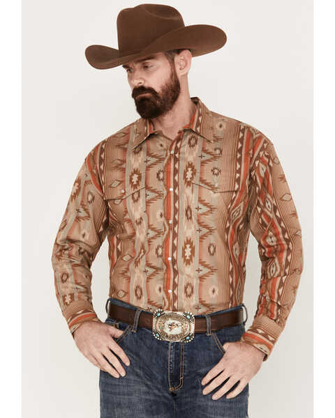 Wrangler Men's Checotah Southwestern Long Sleeve Western Pearl Snap Shirt, Brown, hi-res