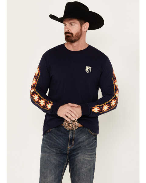 Image #1 - RANK 45® Men's Southwestern Print Long Sleeve Graphic T-Shirt, Navy, hi-res