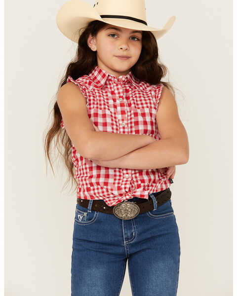 Wrangler Girls' Plaid Print Tie Front Sleeveless Snap Western Shirt , Red, hi-res