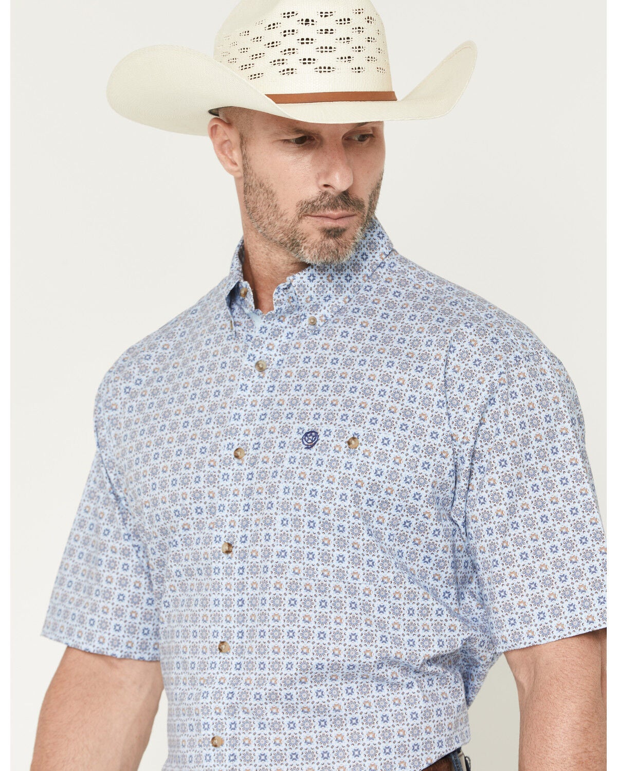 Image #2 - George Strait by Wrangler Men's Geo Print Short Sleeve Button-Down Stretch Western Shirt, Blue, hi-res