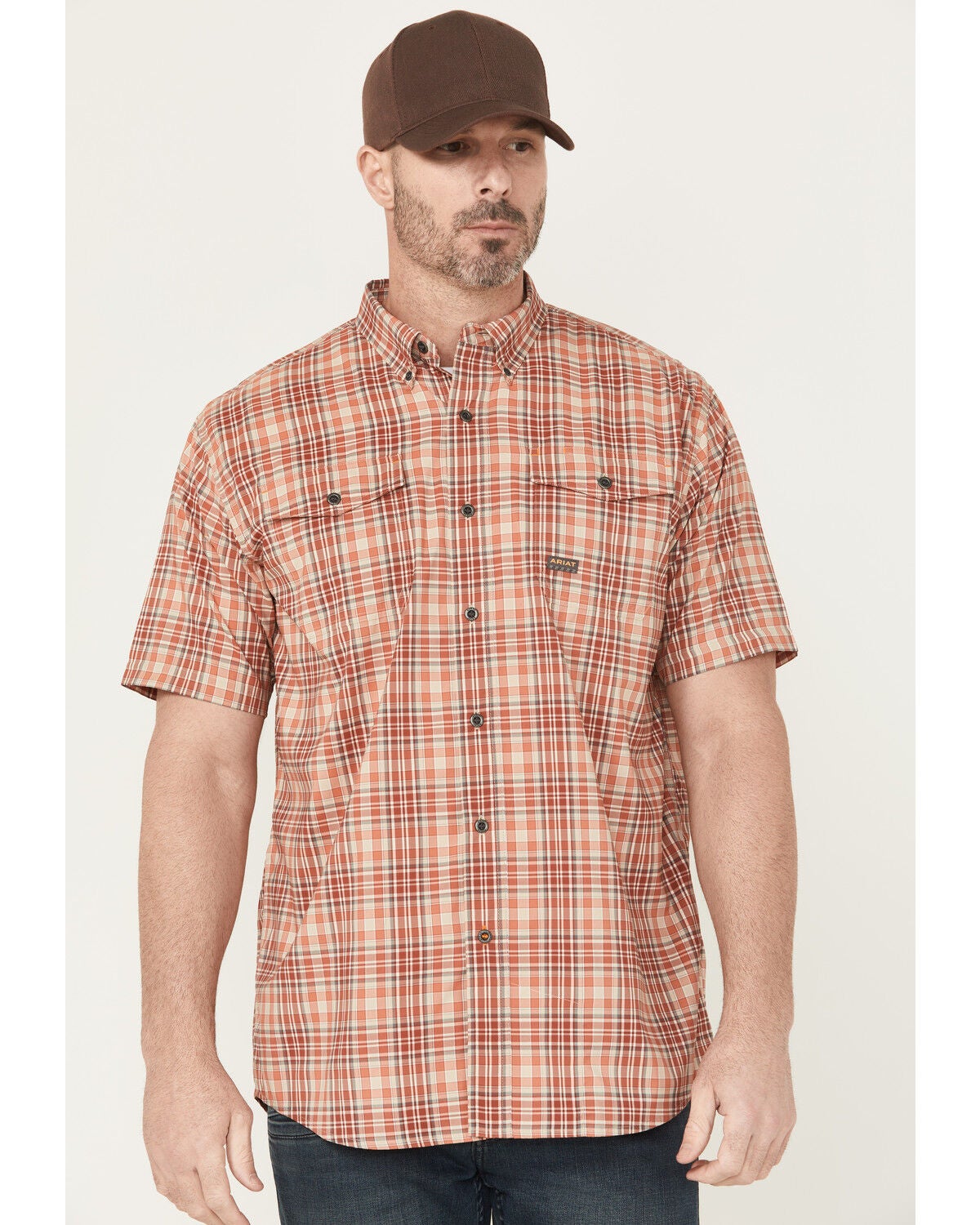 Ariat Men's Rebar Plaid Print Short Sleeve Button-Down Work Shirt, Red, hi-res