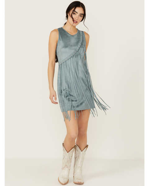 Image #1 - Rock & Roll Denim Women's Asymmetrical Fringe Sleeveless Mini Dress , Jade, hi-res
