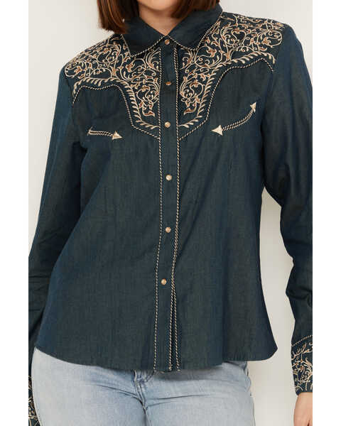 Image #3 - Scully Women's Vine Embroidered Long Sleeve Pearl Snap Western Shirt, Blue, hi-res