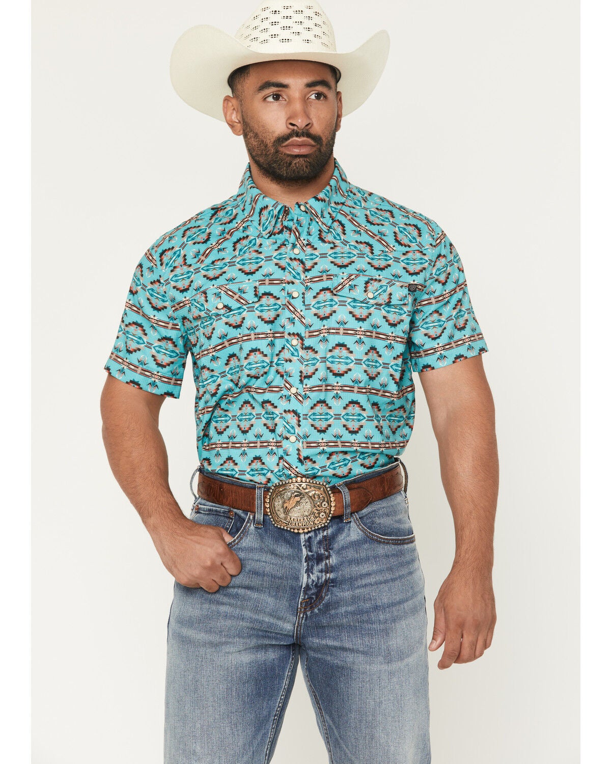 Image #1 - Rock & Roll Denim Men's TEK Southwestern Print Short Sleeve Snap Western Shirt, Turquoise, hi-res