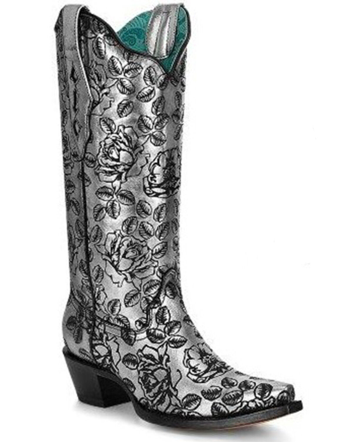 Image #1 - Corral Women's Floral Laser Print Western Boots - Snip Toe, Silver, hi-res