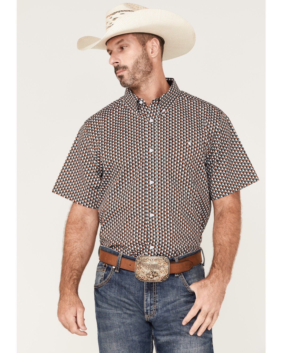 RANK 45&reg; Men's Turbo Geo Print Button-Down Western Shirt, Brown, hi-res