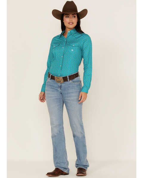 Roper Women's Geo Print Long Sleeve Snap Western Shirt, Blue, hi-res