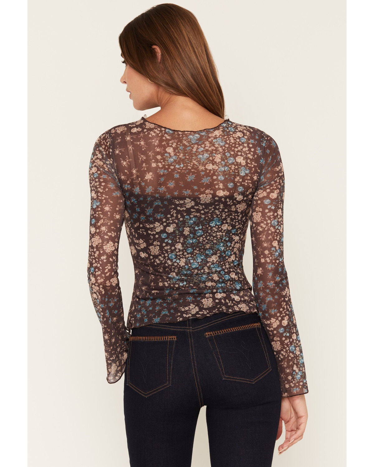 Image #4 - Ash & Violet Women's Floral Print Mesh Long Sleeve Top, Brown, hi-res