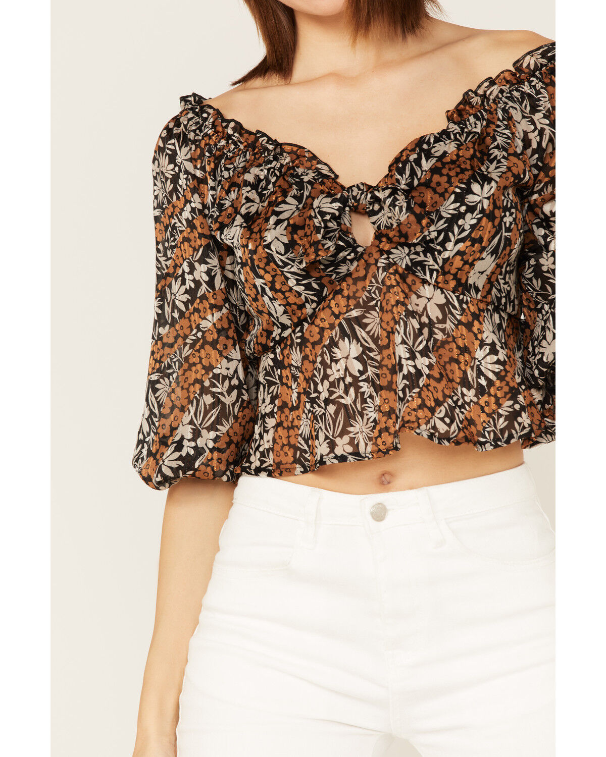 Image #3 - Wild Moss Women's Floral Print Tie-Front Peplum Crop Top, Black, hi-res