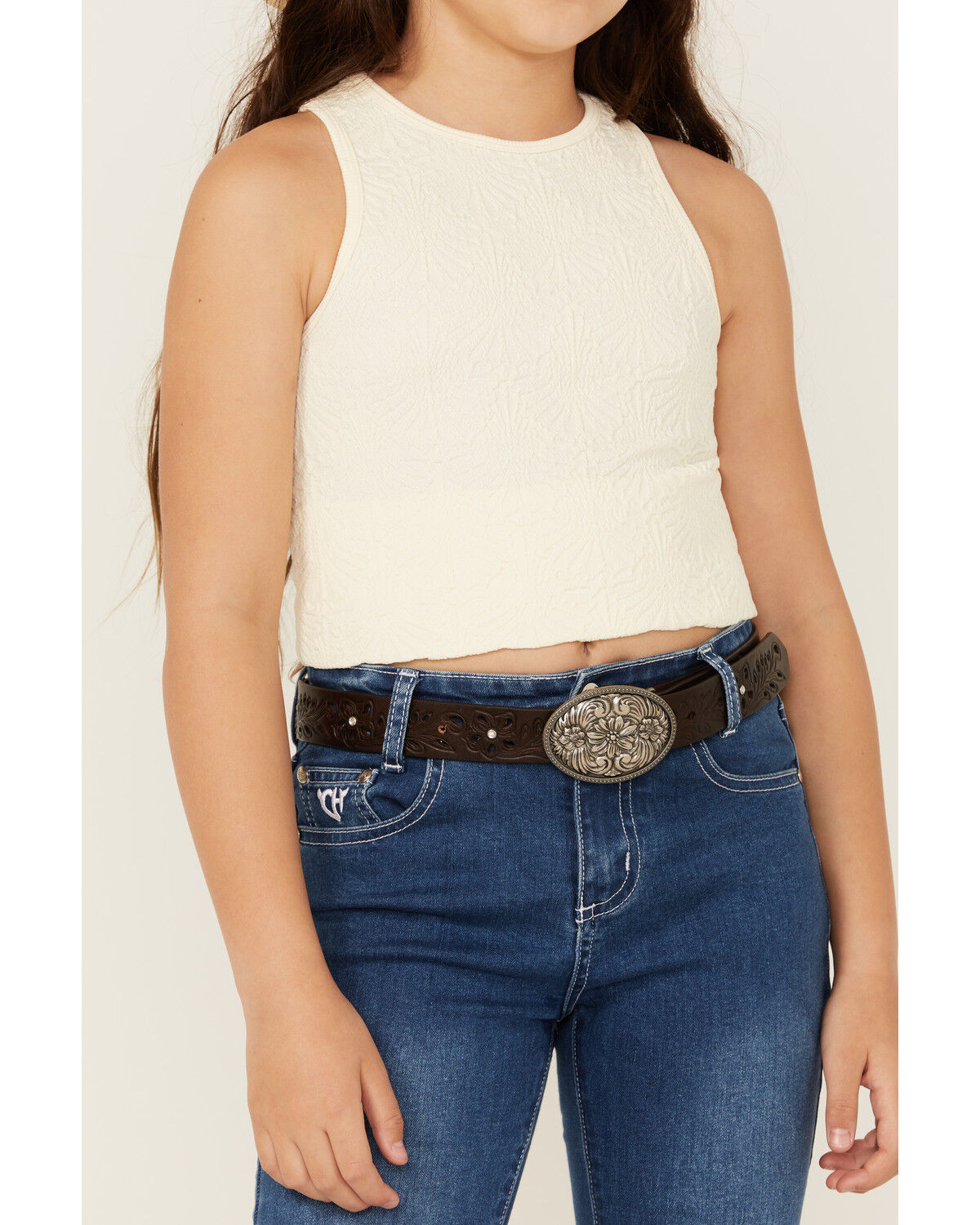 Image #3 - Fornia Girls' Floral High Neck Tank Top, White, hi-res