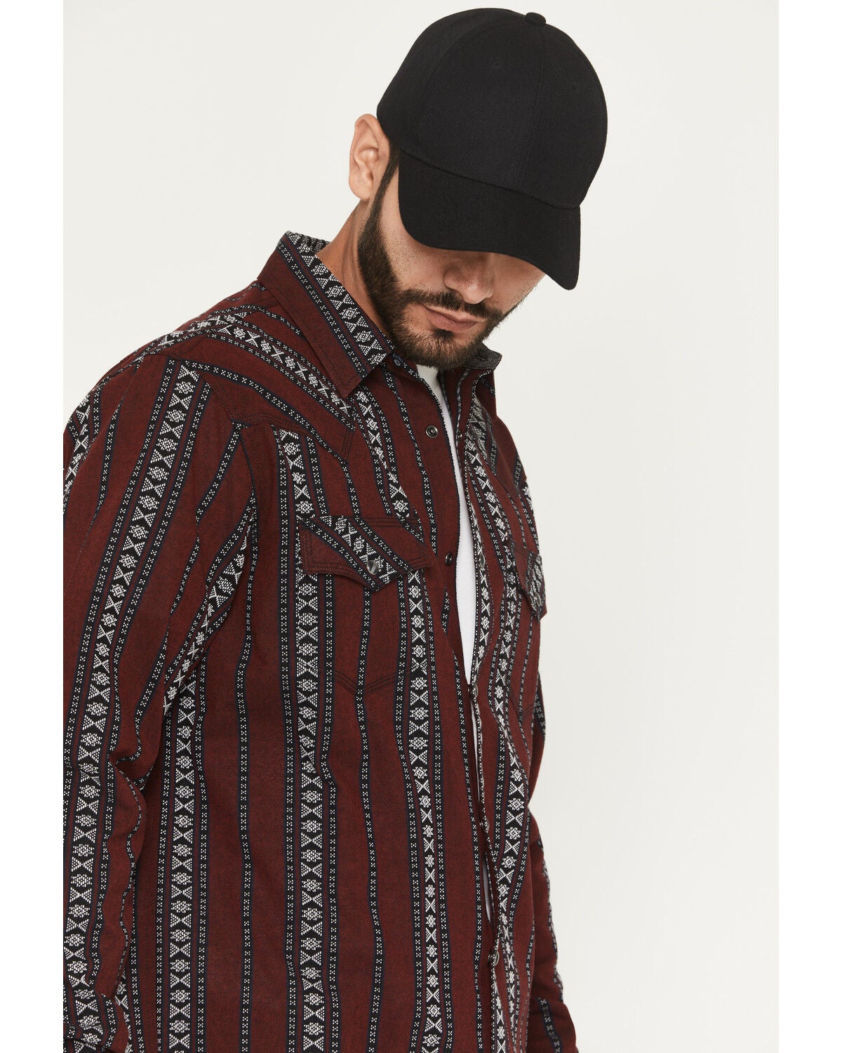 Image #2 - Moonshine Spirit&reg; Men's Guitar Strap Dobby Stripe Long Sleeve Snap Western Shirt, Burgundy, hi-res