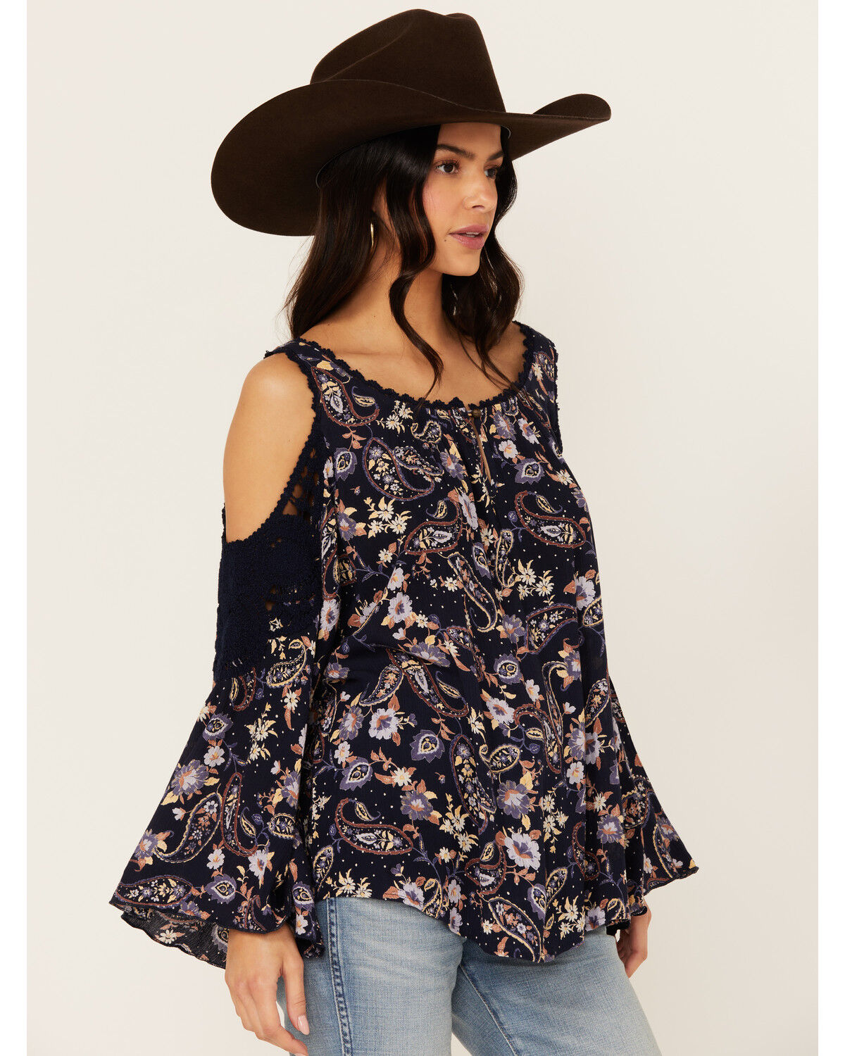 Image #2 - Bila Women's Floral Print Long Sleeve Cold Shoulder Shirt, Blue, hi-res
